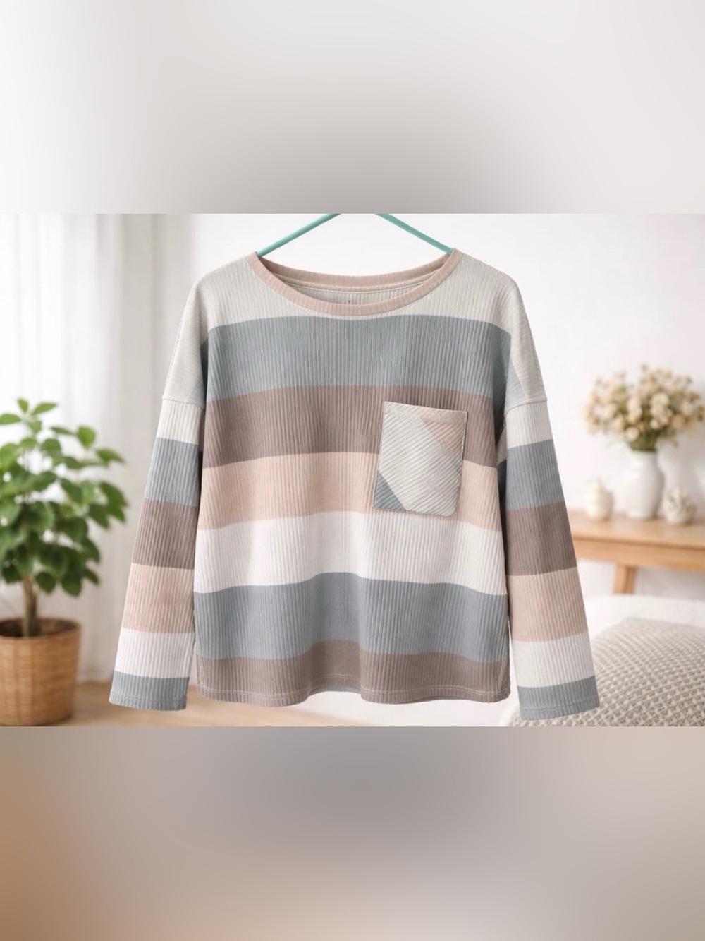 SHEIN Striped Ribbed Long Sleeve Top in Beige, Gray, White